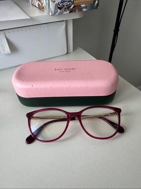 kate spade pink and dark green hard eyeglass case with burgundy frames